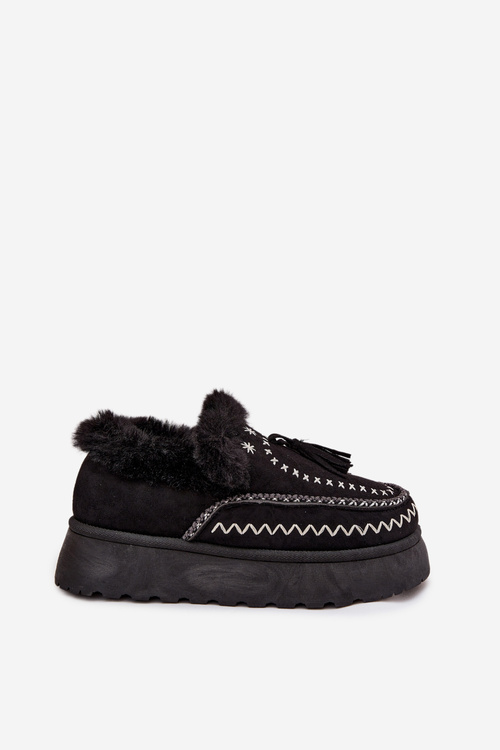 Śniegowce Damskie Na Platformie Z Futerkiem I Frędzlami Czarne Ferayne