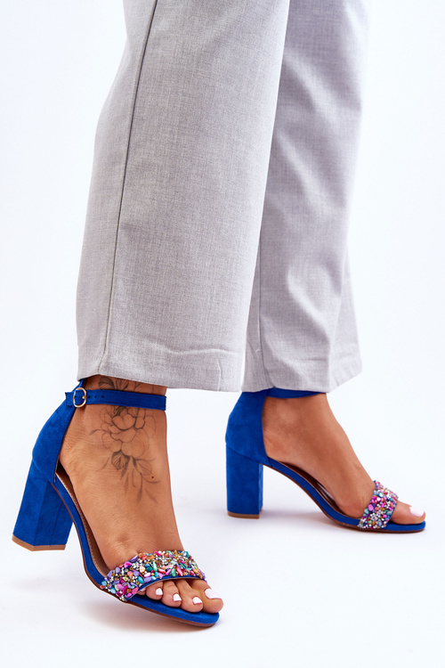 Modne Sandały Na Obcasie Z Ozdobnymi Kamieniami Niebieskie Love Me