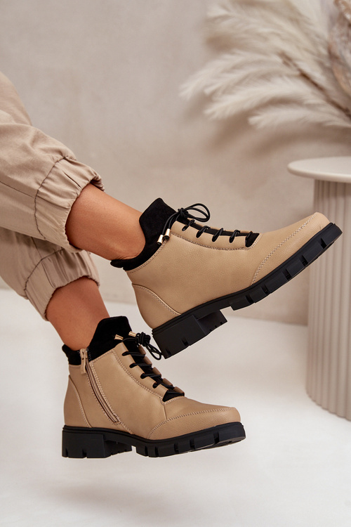 Niskie Botki Damskie Ocieplane Z Eko Skóry Beżowe Erisabelle