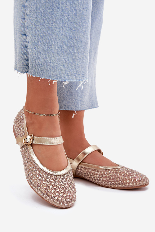 Zdobione Baleriny Damskie Z Paskiem I Klamrą Złote Avirae