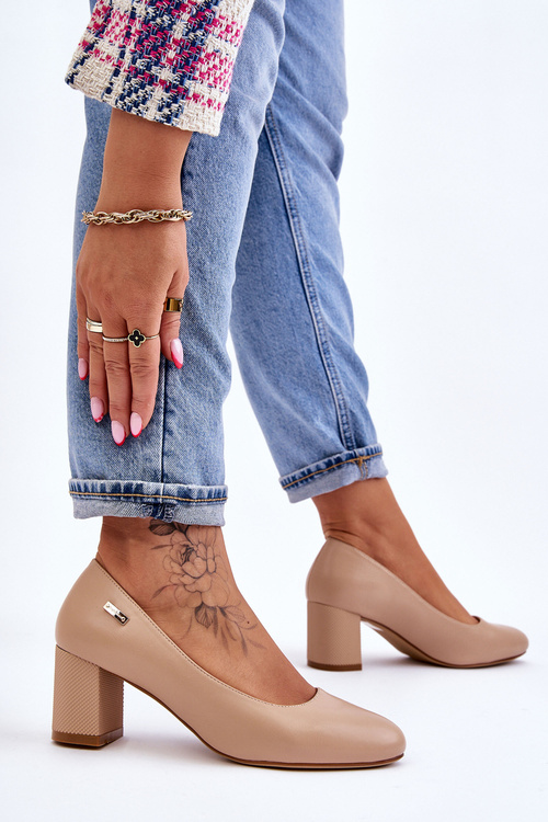 Skórzane Czółenka Na Słupku Sergio Leone PB178 Beżowe