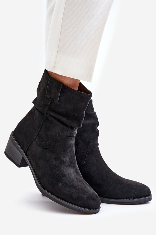 Ocieplane Botki Damskie Z Marszczoną Cholewką Na Niskim Obcasie Czarne Zinanya