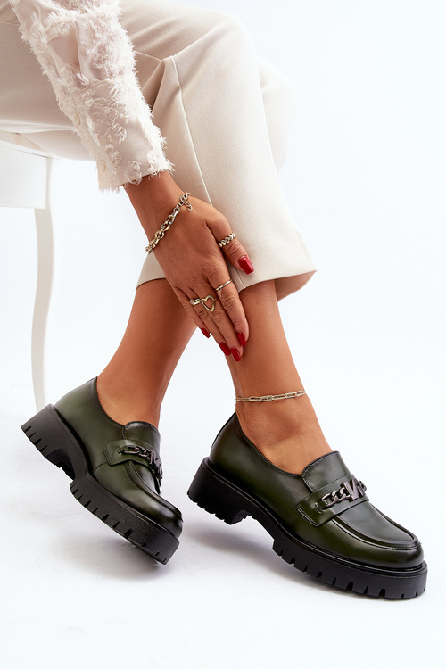 Skórzane Mokasyny Damskie Z Ozdobą Ciemnozielone Loraleima