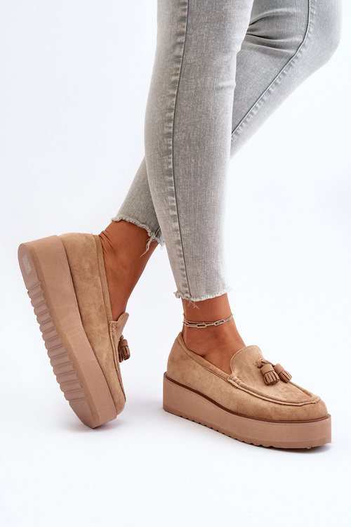 Mokasyny Damskie Na Platformie Z Frędzlami Brązowe Mialani