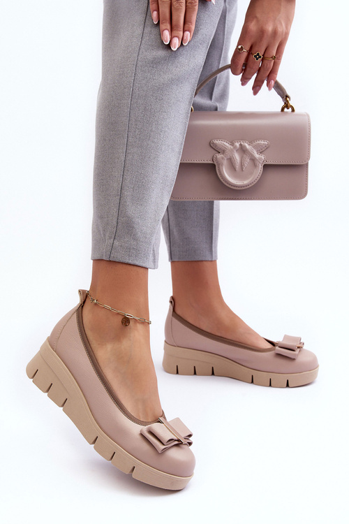 Baleriny Skórzane Na Platformie Z Ozdobą Beżowe Lewski 3384