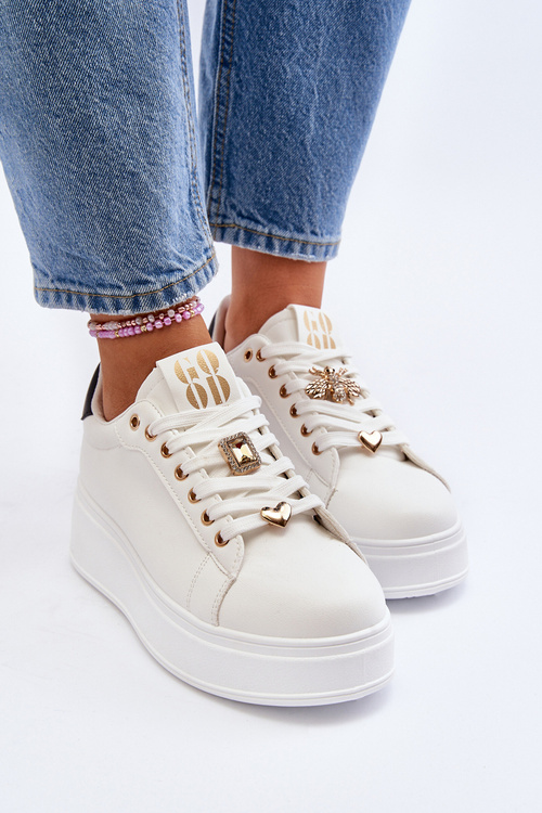 Sneakersy Damskie Na Platformie Z Ozdobami Białe Herbisa