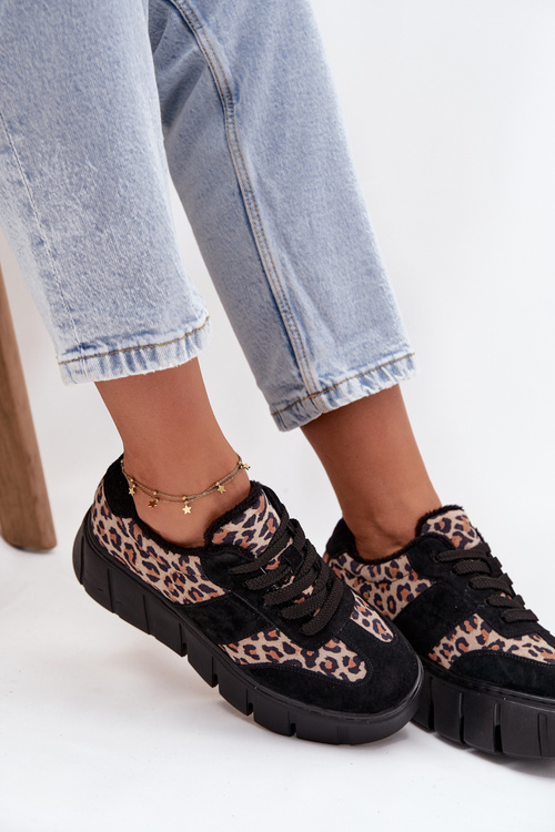 Zamszowe Ocieplane Sneakersy Damskie Na Masywnej Platformie Vinceza 66841 Panterka Czarne