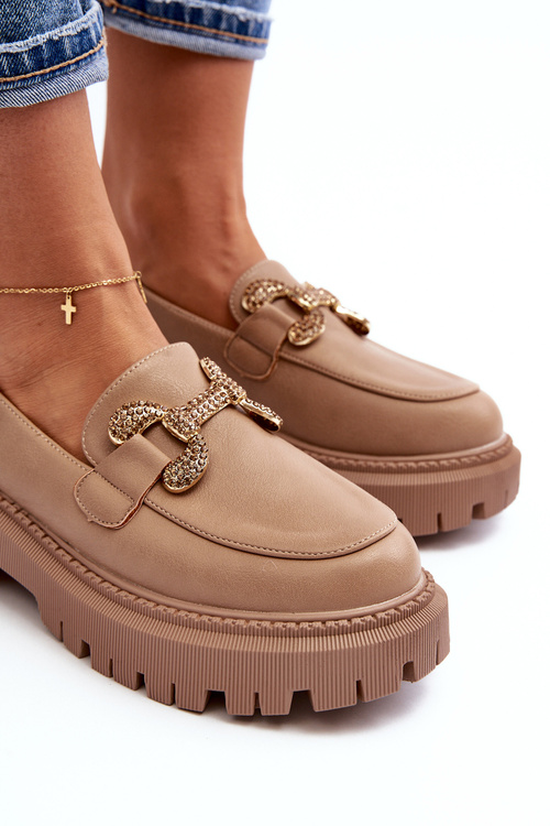 Mokasyny Damskie Z Ozdobą Ciemnobeżowe Gargi