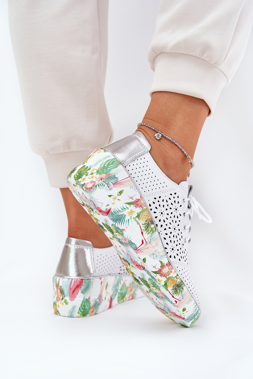 Skórzane Półbuty Damskie Na Koturnie Artiker 56C1799 Biało-Srebrne