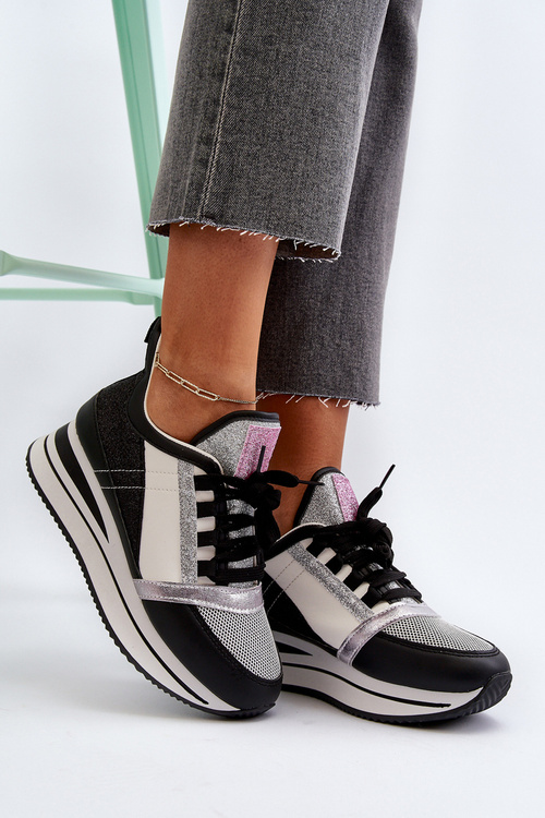 Damskie Sneakersy Na Koturnie I Platformie Z Brokatem Czarne Rafani