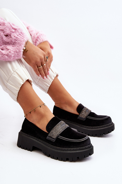 Damskie Welurowe Mokasyny Z Ozdobą Czarne Wendreda