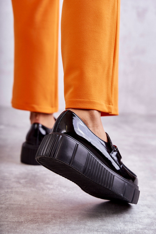 Modne Skórzane Półbuty Na Platformie Czarne Marsol