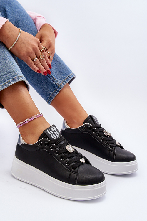 Sneakersy Damskie Na Platformie Z Ozdobami Czarne Herbisa