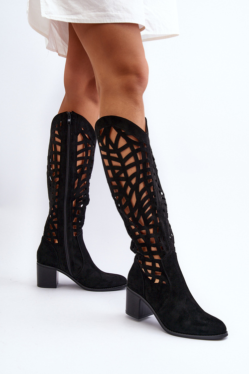 Ażurowe Kozaki Na Obcasie Czarne Pinkema