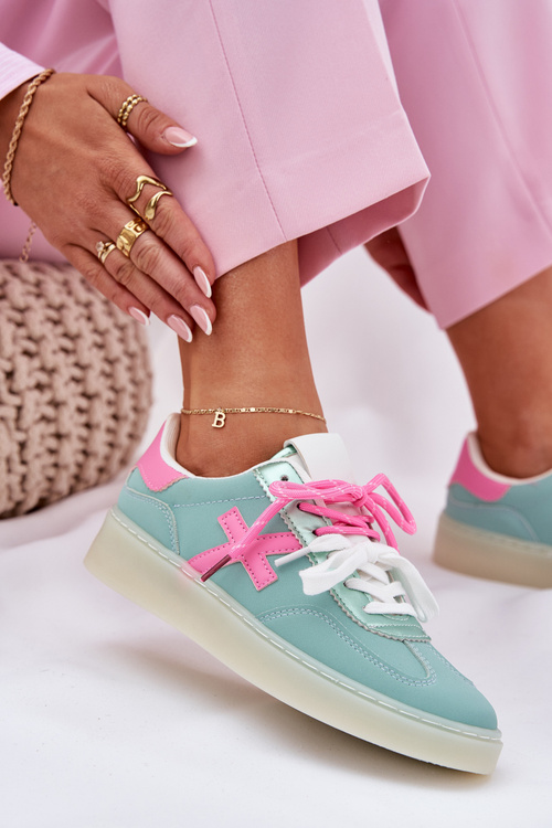 Niskie Buty Sportowe Damskie W Panterkę Miętowo-Różowe Zelevelis