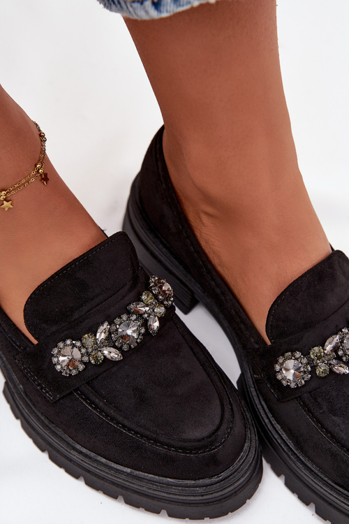 Mokasyny Damskie Z Kryształkami Eko Zamszowe Czarne Lavisse