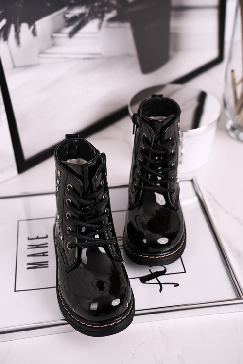 Dziecięce Ocieplane Botki z Dżetami Lakierowane Czarne Fame