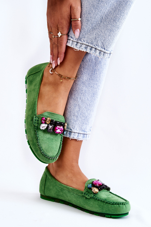 Damskie Zamszowe Mokasyny Z Ozdobami Zielone Janetta