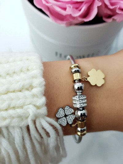 Damska Bransoleta Na Lince Zawieszki Złote Koniczynki Charms