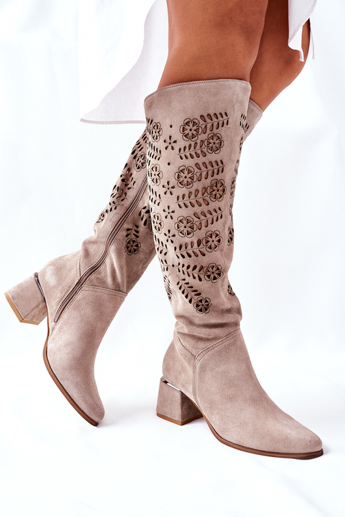 Zamszowe Kozaki Lewski Ażurowe Beżowe Romena