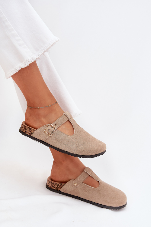 Klapki Chodaki Damskie Ze Złotą Klamrą Beżowe Lirina