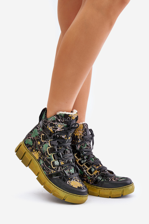 Skórzane Płaskie Sznurowane Botki Maciejka 06158-07 Żółto-Czarne