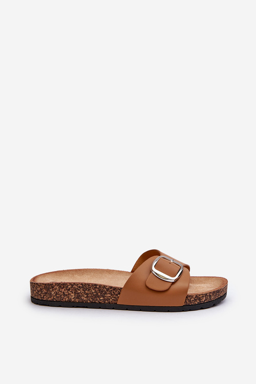 Klapki Damskie Na Korkowej Platformie Z Klamrą Brązowe Moaxi