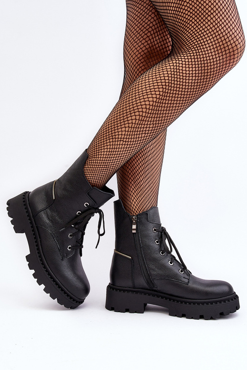 Skórzane Botki Trapery Damskie Na Suwak Zazoo 949P Czarne