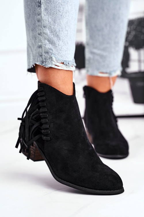 Botki Damskie Na Słupku Z Frędzlami Kowbojki Czarne Mirage