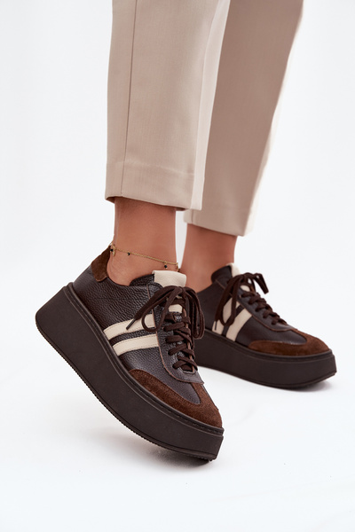 Skórzane Sneakersy Damskie Na Platformie Zazoo 3775 Czekoladowe