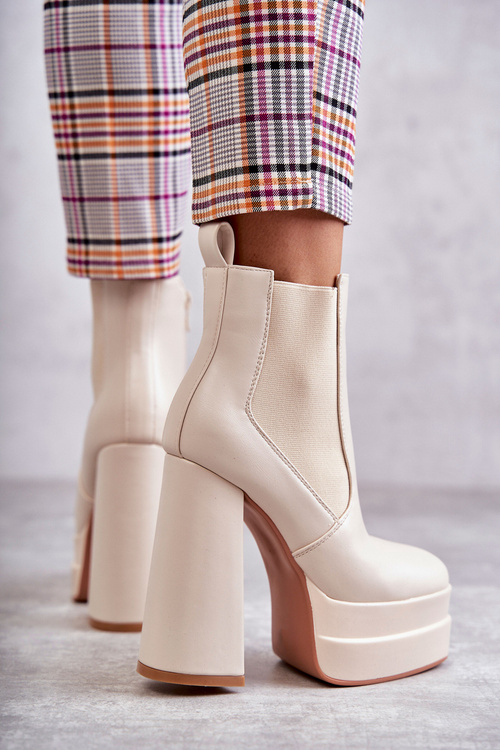 Damskie Skórzane Botki Na Masywnym Obcasie Beżowe Jones