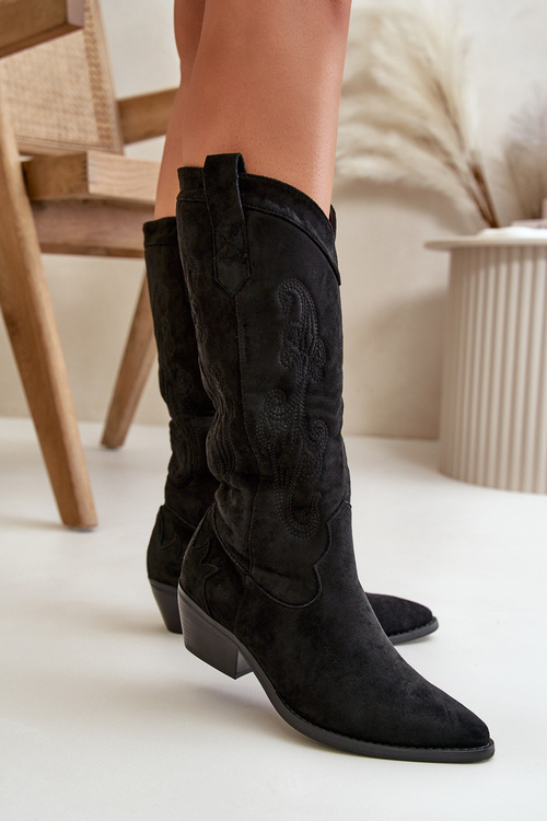 Damskie Kozaki Kowbojki Na Niskim Obcasie Z Eko Zamszu Czarne Ligelia