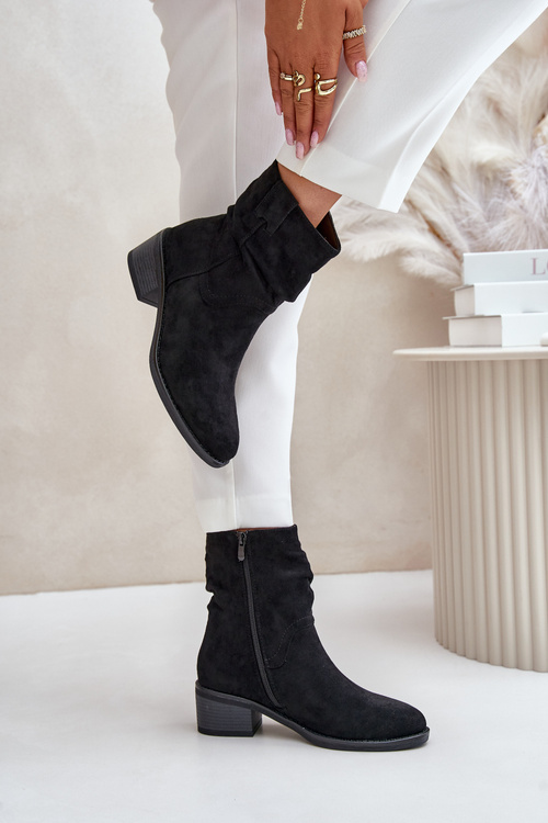 Ocieplane Botki Damskie Z Marszczoną Cholewką Na Niskim Obcasie Czarne Zinanya