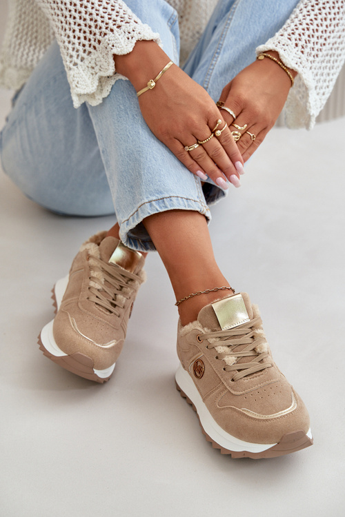 Buty Sportowe Damskie Ocieplane Futerkiem Na Platformie Khaki Lerisas