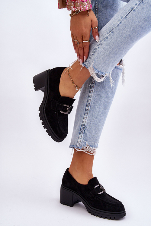 Zamszowe Półbuty Na Masywnym Obcasie Czarne Finley