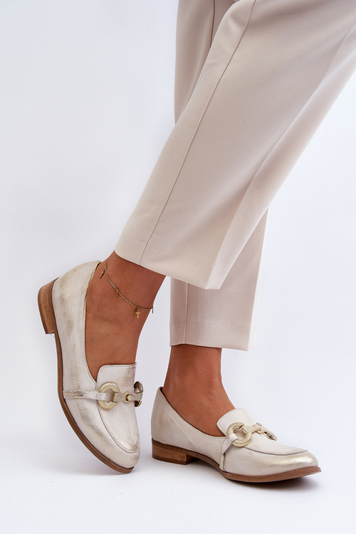 Zazoo 2880 Damskie Mokasyny Skórzane Z Ozdobą Złote