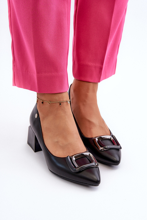 Czółenka Na Obcasie Klocku Z Ozdobą Eko Skórzane Czarne Sarala