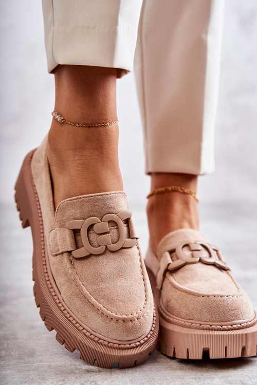 Damskie Półbuty Zamszowe Z Ozdobą Beżowe Leeza