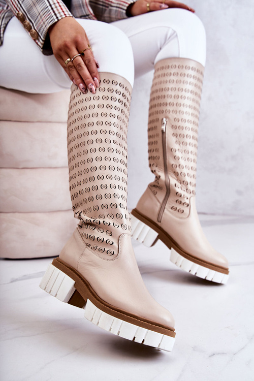 Ażurowe Skórzane Kozaki Na Suwak Beżowe Lativia