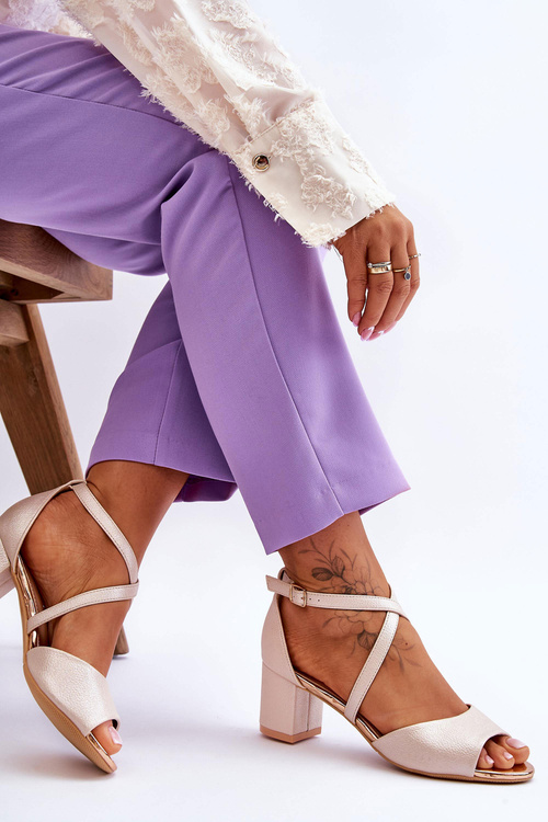 Damskie Skórzane Sandałki Na Niskim Obcasie Złote Quinn