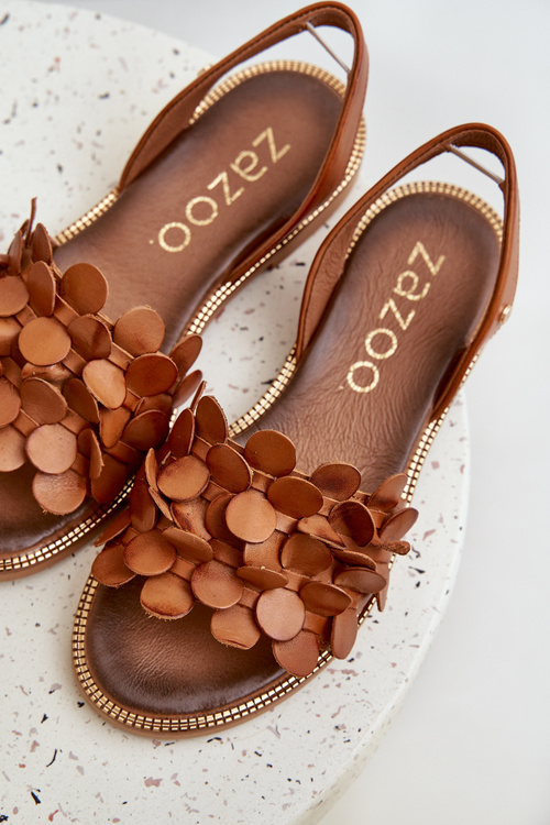 Skórzane Sandały Na Płaskim Obcasie Zazoo 40425 Brązowe