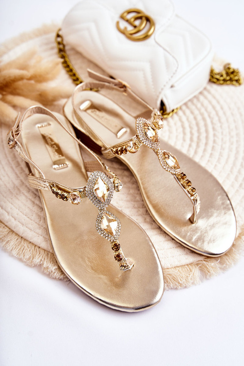 Damskie Modne Sandały Japonki Z Ozdobnymi Dżetami Złote Bellia