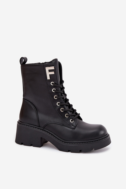 Botki Workery Damskie Na Klocku Ocieplane Z Literą F Czarne Lurina