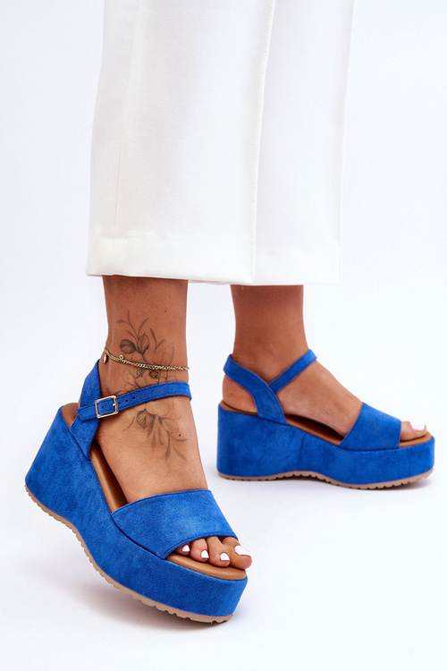 Damskie Zamszowe Sandałki Na Koturnie Niebieskie Lydia