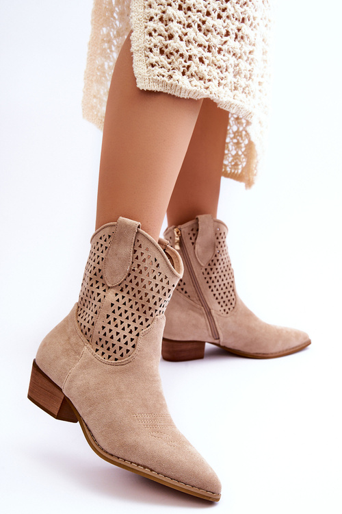 Damskie Ażurowe Botki Kowbojki Beżowe Reeds