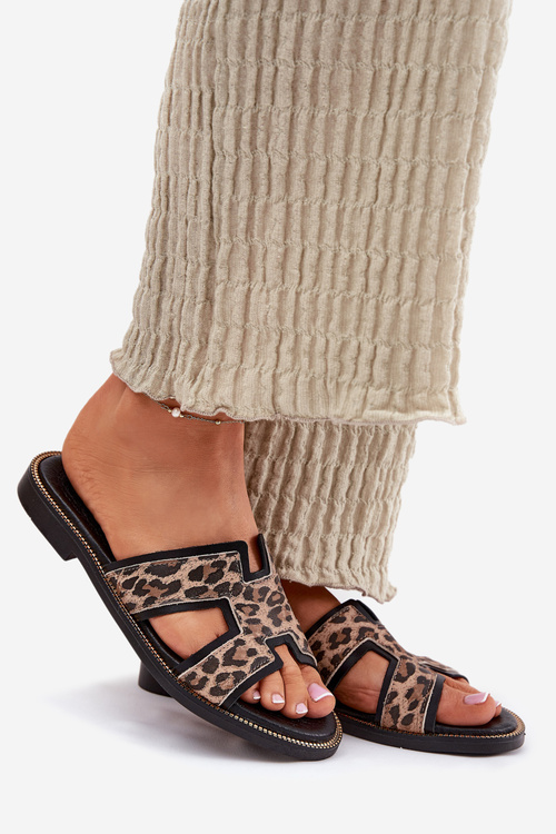 Skórzane Płaskie Klapki W Panterkę Zazoo 40383 Czarne