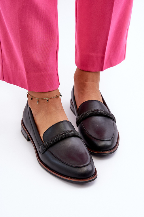 Skórzane Mokasyny Damskie Z Ozdobnym Paseczkiem Czarne Saosin