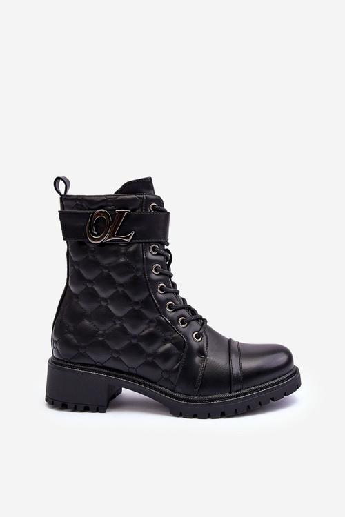 Skórzane Botki Workery Z Ozdobą Czarne Davo