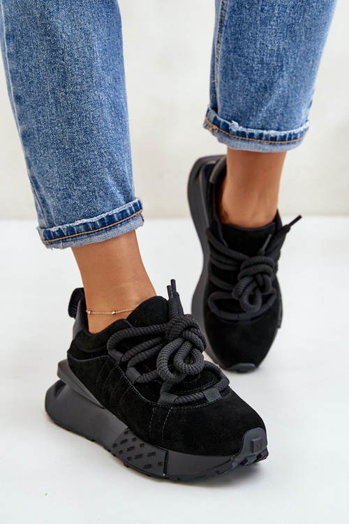 Zamszowe Sneakersy Damskie Na Platformie Z Grubym Sznurowaniem Artiker 54C1464 Czarne
