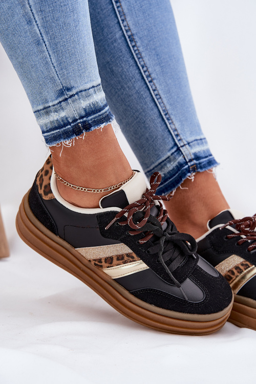 Sneakersy Damskie Na Platformie Z Podwójnym Sznurowaniem Panterka Czarne Niteria